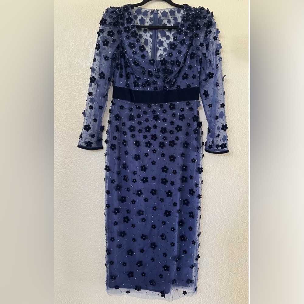 New Mac Duggal Beaded Floral Appliqué Long Sleeve Tulle Sheath Dress Midnight 8 - Picture 4 of 9